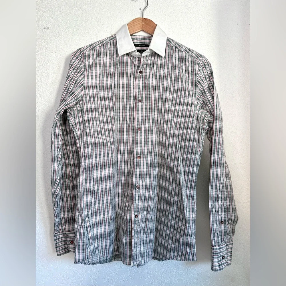 Vintage Slim Fit Gucci Green with Red Plaid White Collared Button Down size 39